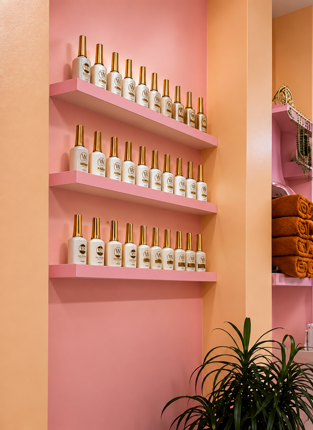 Nail polish shelves inside AMAVI Nail Studio